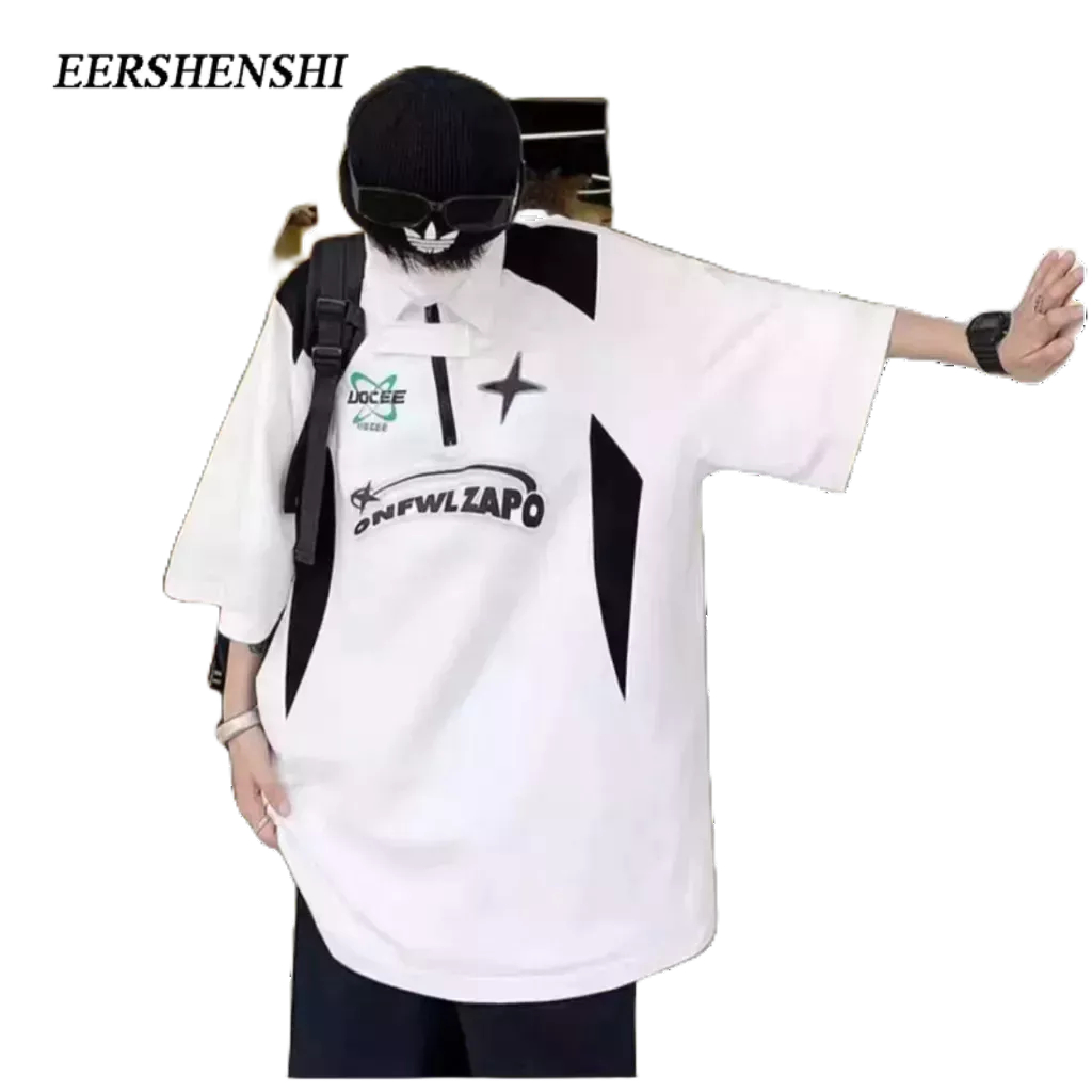 eershenshi-เสื้อยืดแขนสั้น-คอปกโปโล-ทรงหลวม-สไตล์ลำลองสำหรับคู่รัก-สไตล์เกาหลี-สําหรับผู้ชาย