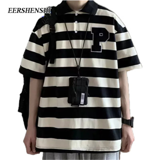 EERSHENSHI เสื้อยืดผู้ชายลายทางเทรนด์ญี่ปุ่นหลวมแขนสั้นผู้ชายจับคู่ลำลองสำหรับคู่รักเสื้อโปโล