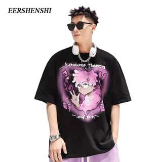 EERSHENSHI เสื้อยืดแขนสั้นผู้ชายผ้าฝ้าย 100% ins อินเทรนด์ใหม่ oversize ผ้าม่านขี้เกียจผายลมด้านบนแฟชั่นบุคลิกภาพ