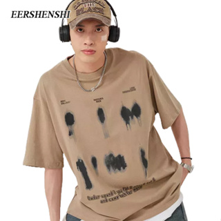 EERSHENSHI ผู้ชายเสื้อยืดแนวโน้มอเมริกันย้อนยุคหลวมสั้น-แขนถนนสูงลำลองแฟชั่นเสื้อยืดผู้ชายพิมพ์