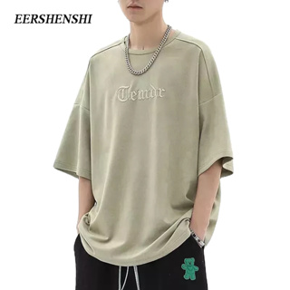 EERSHENSHI ผู้ชายเสื้อยืดอเมริกันย้อนยุคหลวมลำลองผู้ชายแขนสั้นแนวโน้มการแข่งขันทั้งหมดคู่เสื้อยืดผู้