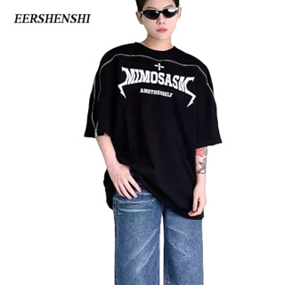 EERSHENSHI เสื้อยืดผู้ชายหลวมพิมพ์ใหม่ยอดนิยมแขนสั้นคอกลม ins วรรณกรรมแฟชั่น high street เสื้อยืดผู้ชาย