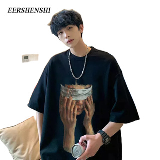 EERSHENSHI ผู้ชายเสื้อยืดแนวโน้มอเมริกันถนนสูงฮิปฮอปถนนผู้ชายสั้น-แขนย้อนยุคหลวมคู่ทั้งหมด-การแข่งขันลำลองผู้ชายเสื้อยืด