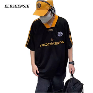 EERSHENSHI เสื้อยืดผู้ชายตัวอักษรยอดนิยมแฟชั่นคอวีแขนสั้นผู้ชายอินเทรนด์เสื้อยืดผู้ชายทุกคู่