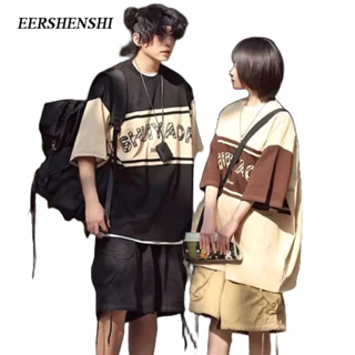 EERSHENSHI เสื้อเชิ้ตแขนสั้นผู้ชาย, แผงใหม่, พิมพ์ลายโมโนแกรมเทรนด์, แขนสั้นคู่