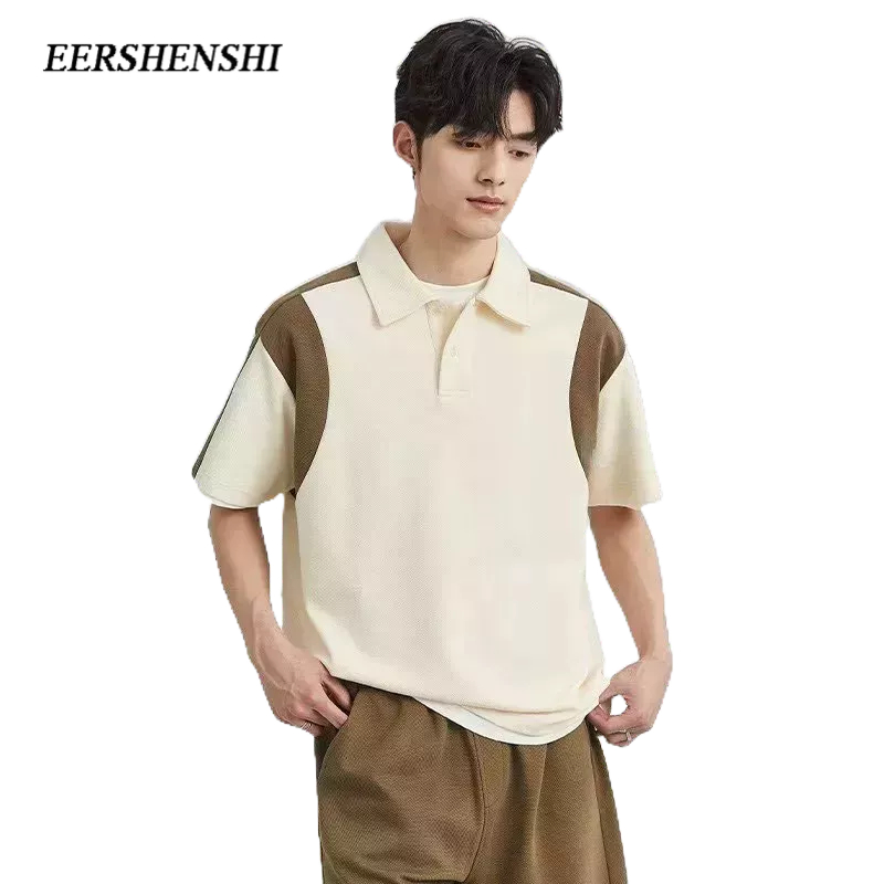 eershenshi-เสื้อยืดผู้ชายตัดกันเย็บเสื้อโปโล-2023-ฤดูร้อนหลวมสไตล์ยุโรปและอเมริกาเทรนด์วาฟเฟิลเสื้อยืด