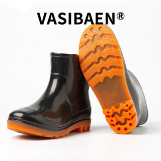 VASIBAEN รองเท้ากันฝนผู้ชาย PVC กันลื่นรองเท้ากันน้ำผู้ชายสีดำหนาทนต่อการสึกหรอประกันแรงงานไซต์ก่อสร้างรองเท้ายางรองเท้ากันฝน