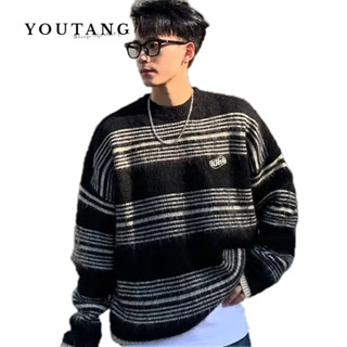 YOUTANG เสื้อถักผู้ชายเยาวชนเทรนด์เกาหลียอดนิยมฤดูหนาวแฟชั่นลำลองแขนยาวสเวตเตอร์คอกลมเรียบง่ายลายทาง