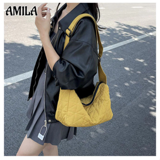 Amila กระเป๋าสะพายไหล่ ปักลายเส้นสี่เหลี่ยมขนมเปียกปูน สีพื้น สไตล์เกาหลี เรียบง่าย อินเทรนด์ สําหรับเดินทาง