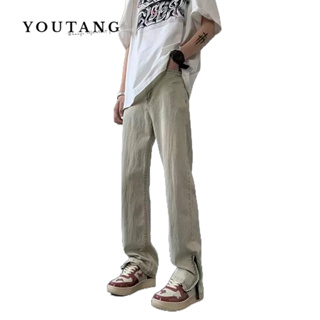YOUTANG กางเกงยีนส์ผู้ชายขี้เกียจตรงฤดูร้อนเทรนด์ใหม่ฮาราจูกุอารมณ์แฟชั่นวรรณกรรมเยาวชน