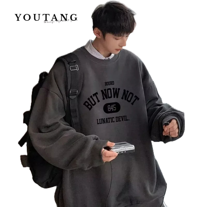 youtang-เสื้อสเวตเตอร์พิมพ์ลายตัวอักษรสไตล์ฮ่องกงอินเทรนด์แขนยาวเสื้อยืดคู่รักเข้าได้หลายชุดลำลองหลวมๆ