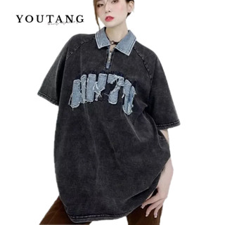 YOUTANG เสื้อโปโลฤดูร้อนแขนสั้นวรรณกรรมเยาวชนขี้เกียจมาตรฐานยอดนิยมชายฮาราจูกุ 2023 เทรนด์แฟชั่นใหม่