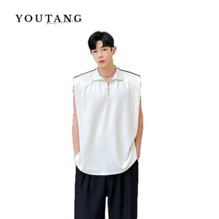 YOUTANG เสื้อกั๊กอเนกประสงค์เทรนด์แฟชั่นในเมืองสีทึบใหม่ชายฮาราจูกุประเภทหลวมเรียบง่ายสไตล์ญี่ปุ่นปกเสื้อกันเหงื่อ