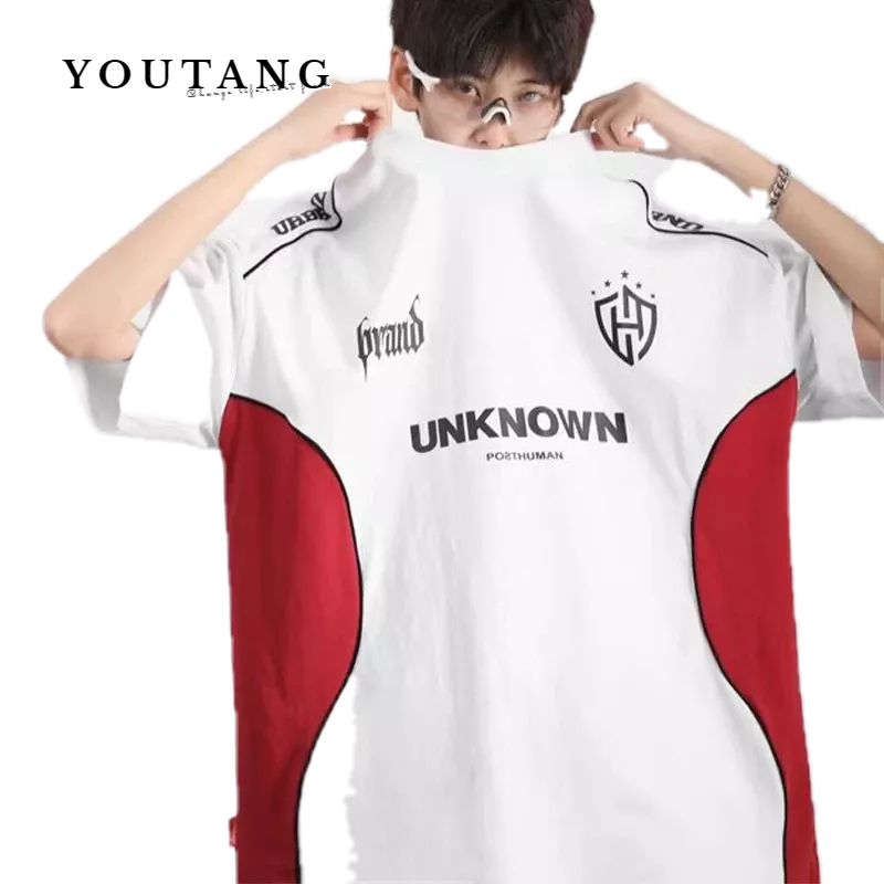 youtang-เสื้อยืดสไตล์อเมริกันเรโทรไทด์กีฬาฮิปฮอปตีฟุตบอลแขนสั้นสไตล์รถแข่งสีเข้ม