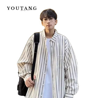 YOUTANG เสื้อเชิ้ตผู้ชายลายทางแขนยาวสไตล์ญี่ปุ่นแนวเรโทรเยาวชนนักเรียนเสื้อแจ็คเก็ตเสื้อเชิ้ตหลวมๆ