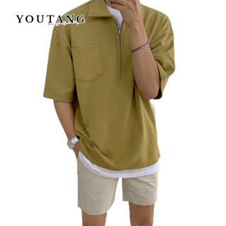 YOUTANG INS mens Korean version polo shirt mens summer trend vintage lapel ins loose T-shirt เสื้อเชิ้ตแขนสั้นผู้ชาย