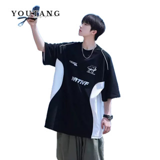 YOUTANG เสื้อยืดวัยรุ่นญี่ปุ่นยอดนิยมรอบคอน้ำ ins แขนสั้นแฟชั่นน้ำยี่ห้อขี้เกียจแนวโน้มมาตรฐานใหม่เสื้อยืดผู้ชายฤดูร้อน