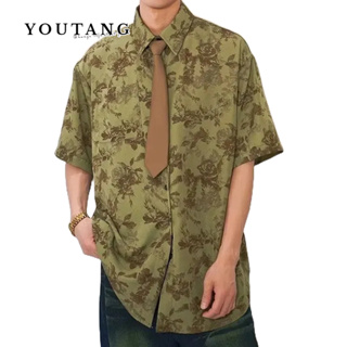 YOUTANG เสื้อเชิ้ต: ฮาวายหลวมและให้ความรู้สึกระดับไฮเอนด์สไตล์ฮ่องกงวินเทจแขนสั้นที่เป็นกลางเสื้อเก๋ไก๋บางอินเทรนด์