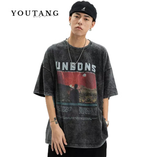 YOUTANG เสื้อยืดแบรนด์แฟชั่นยุโรปและอเมริกาวินเทจล้างภาพเก่าแขนสั้นผู้ชายและผู้หญิงถนนอเมริกันหลวมด้านบนแนวโน้ม