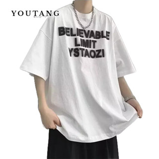 YOUTANG 2023 ใหม่วัยรุ่นฤดูร้อนถนนสูงหลวมอเนกประสงค์ระเบิดน้ําล้างตัวอักษรแขนสั้นเสื้อยืดสําหรับนักเรียน