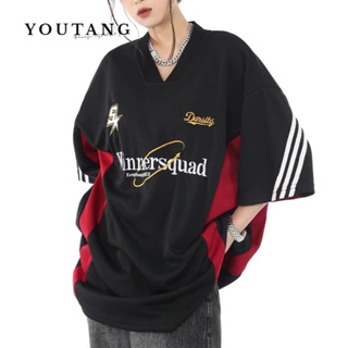 YOUTANG เสื้อยืดเจอร์ซีย์อเมริกันไฮสตรีทปักย้อนยุคเย็บคอวีแขนสั้นชายและหญิงอินเทรนฮิปฮอปหลวม