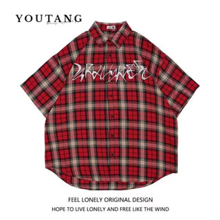 YOUTANG เสื้อเชิ้ต 2023 ฤดูร้อนใหม่อินเทรนด์แบรนด์เย็บปักถักร้อยลายสก๊อตสีม่วงเสื้อลำลองบางๆสำหรับคู่รักชายและหญิง