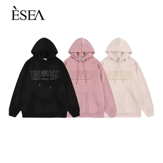 ESEA เสื้อสเวตเตอร์ผู้ชายวินเทจเย็บปักถักร้อยสีทึบสไตล์ยุโรปและอเมริกาแฟชั่นพิมพ์หลวมยอดนิยมของผู้ชายลําลองเสื้อสเวตเตอร์มีฮู้ด