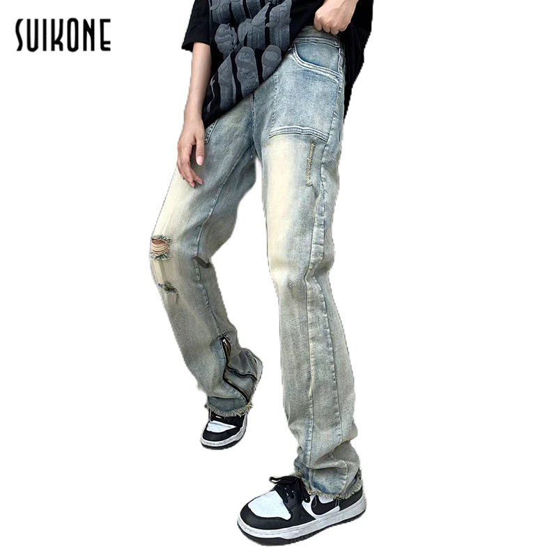 Suikone ใหม่ กางเกงยีนขาด คุณภาพสูง แฟชั่นฤดูร้อน สไตล์เรโทร อเมริกัน สําหรับผู้ชาย และผู้หญิง