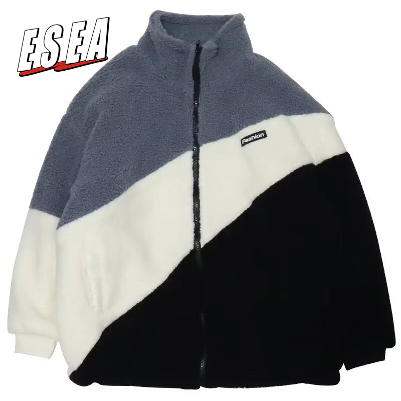Esea Winter Coat Stand Collar Color Matching Lamb Wool ขนแกะเรียงรายหนา ...