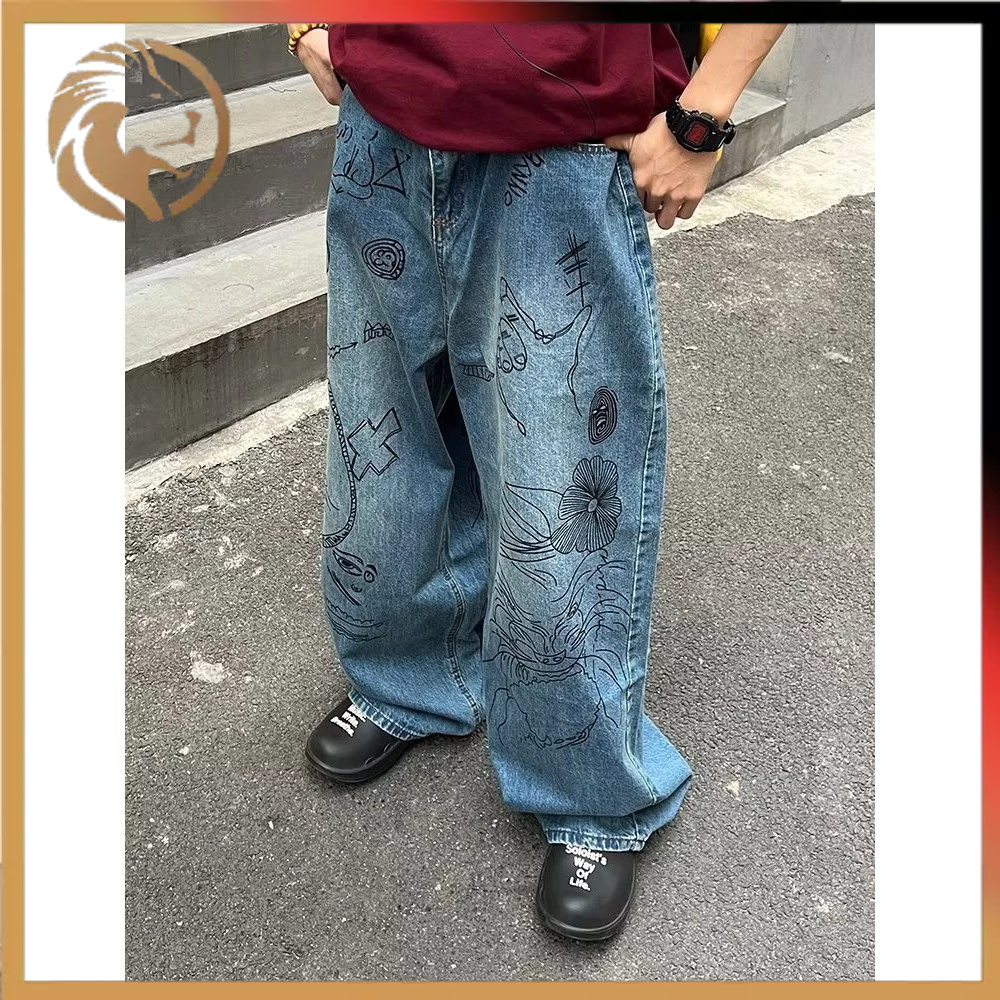 Graffiti กางเกงยีนส์ผู้ชายเกาหลีรุ่นอินเทรนด์ High Street Ruffian หล่อ ...