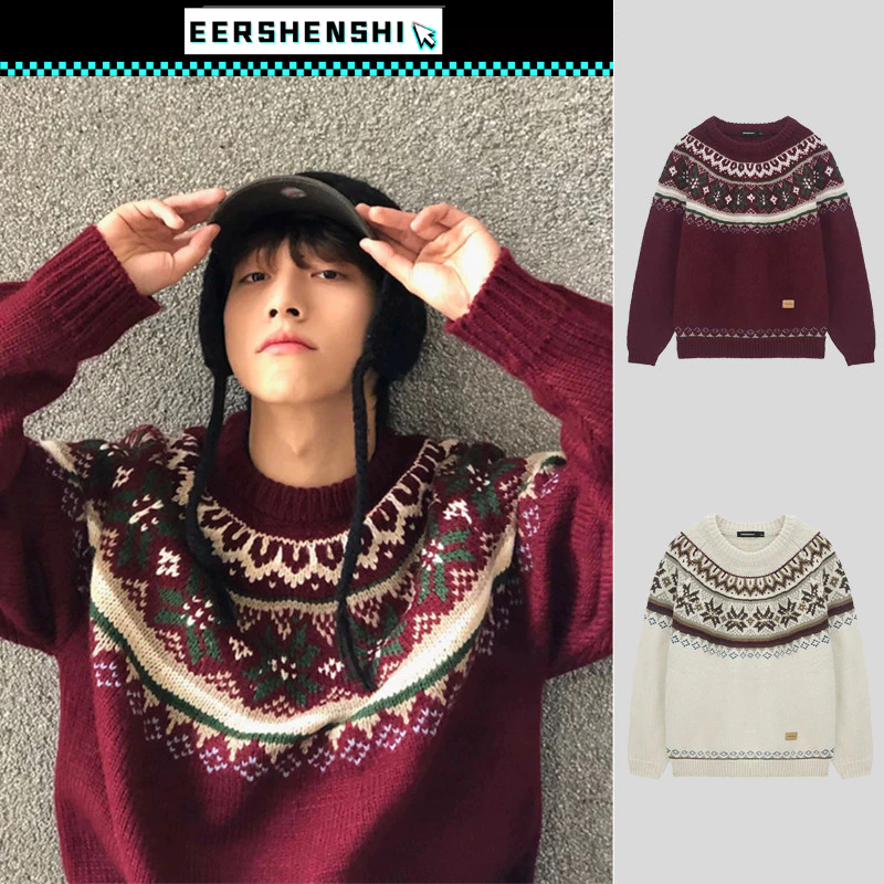 EERSHENSHI เสื้อกันหนาวผู้ชายผ้าแจ๊คการ์ดลายแฟร์ไอส์แลนด์ย้อนยุคแบบหลวมๆ สำหรับคริสต์มาส เสื้อสเวตเตอร์คอกลมเสื้อคู่