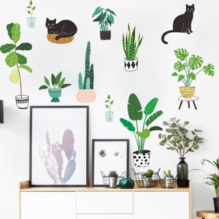 [wuxiang] สติกเกอร์ติดผนัง รูปกระถางต้นไม้ แมวเขตร้อน สีเขียว สําหรับตกแต่งบ้าน ห้องนั่งเล่น ห้องนอน