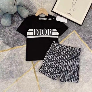 Dior 23SS ชุดเสื้อแขนสั้น กางเกงขาสั้น ผ้าฝ้าย ใส่สบาย แฟชั่นฤดูร้อน สไตล์เกาหลี สําหรับเด็กผู้ชาย และเด็กผู้หญิง