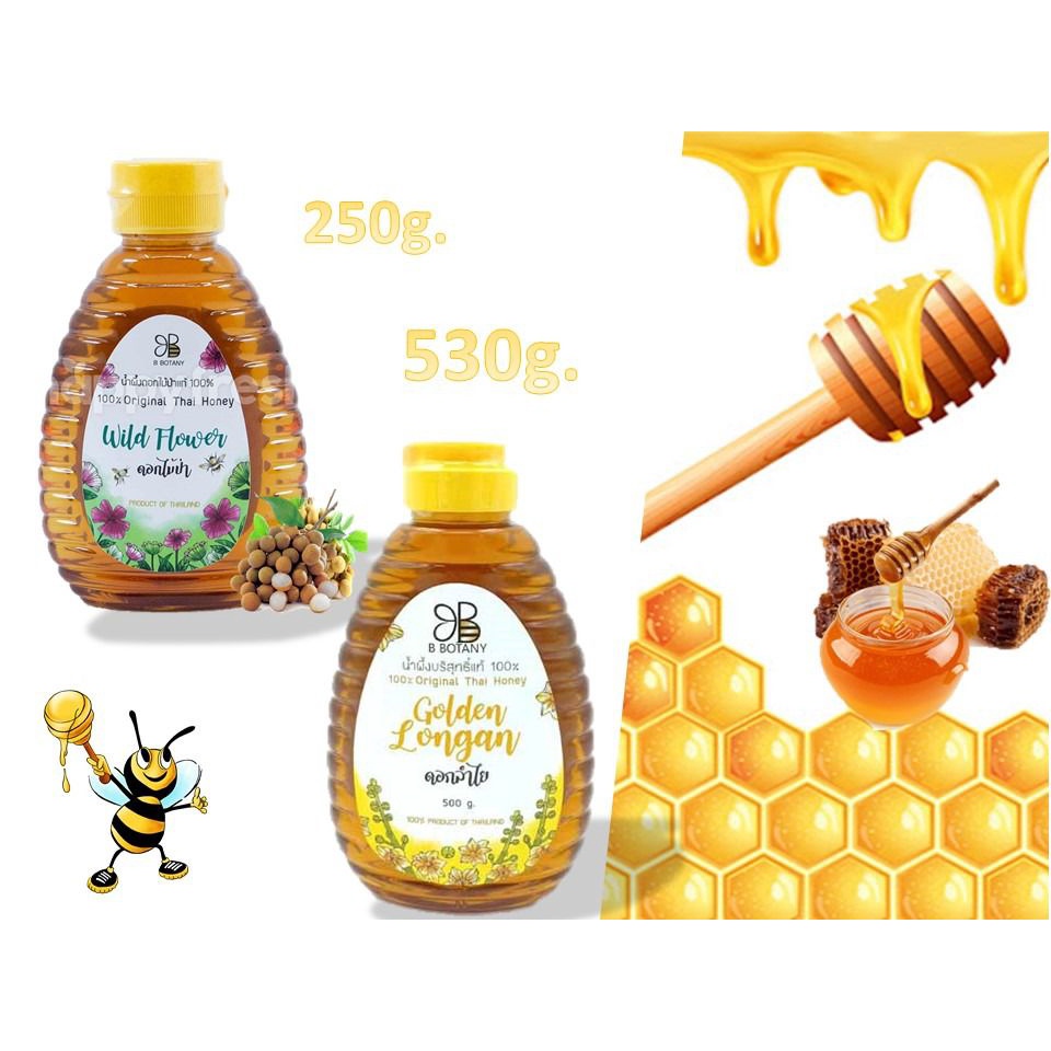 น้ำผึ้งแท้-100-ขวดบีบ-น้ำผึ้งดอกลำไย-น้ำผึ้งดอกไม้ป่า-น้ำผึ้งเดือน-5-บริสุทธิ์-b-botany-ขนาด-530g-amp-250g-ขวด