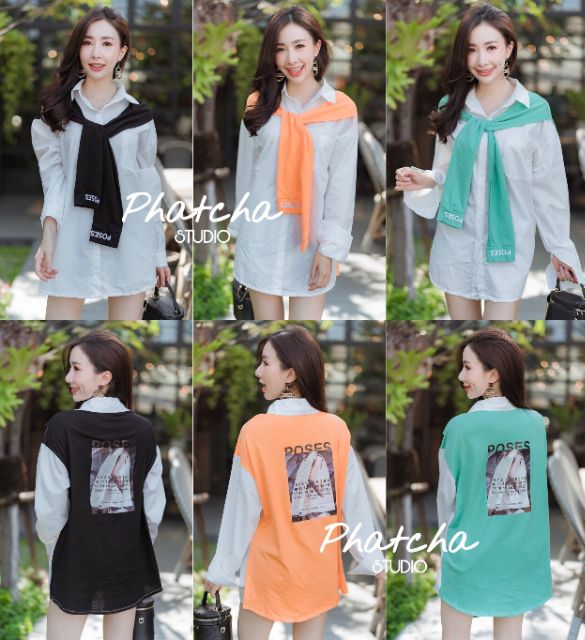 พลาดได้งายยย-เสื้อเชิ้ตแขนยาวสีขาวผ้าคัตตอนแต่งกระเป๋าที่อก-ต่อผ้าสีด้านหลังพร้อมสกรีนลาย