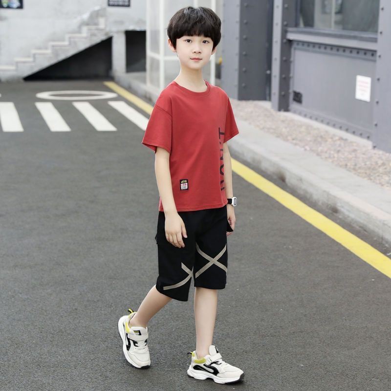 ชุดเด็กชายผ้าฝ้ายแขนสั้น-2021-เสื้อผ้าฤดูร้อนใหม่เวอร์ชั่นเกาหลีของบิ๊กบอยฤดูร้อนเสื้อผ้าบางชุดสูทสองชิ้น