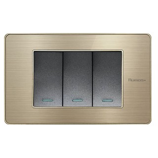 ภาพหน้าปกสินค้าRUMOS PLUS Gold Frame 3 Gang 1 Way รูมอสพลัส สวิตช์ 3G(ปุ่มเล็ก) ทางเดียว พร้อมกรอบสีทอง ที่เกี่ยวข้อง