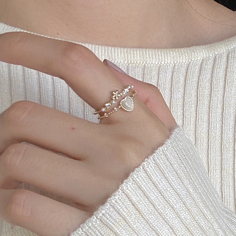ภาพหน้าปกสินค้าแหวน Elegant Flower Heart Finger Ring Cincin Korea Multi Layer Crystal Party Rings Women Jewelry Birthday Gift จากร้าน littlefish.th บน Shopee