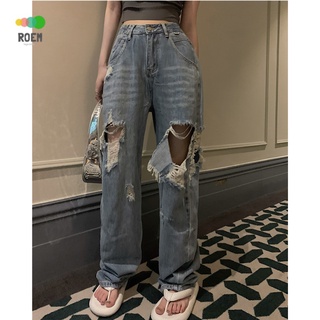 NINI [new products of the season] loose harem pants high waist slimming washed jeans trousers womens Korean style summer vertical wide-leg pants blue holes