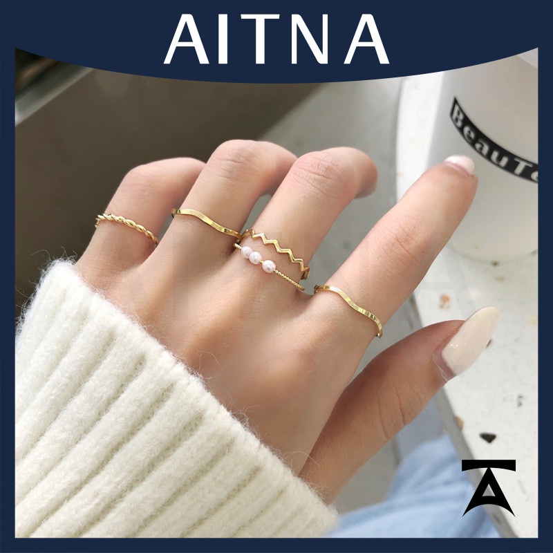 aitna-แหวนนิ้วมือ-ประดับมุก-ทรงเรขาคณิต-วางซ้อนกันได้-5-ชิ้น-ต่อชุด