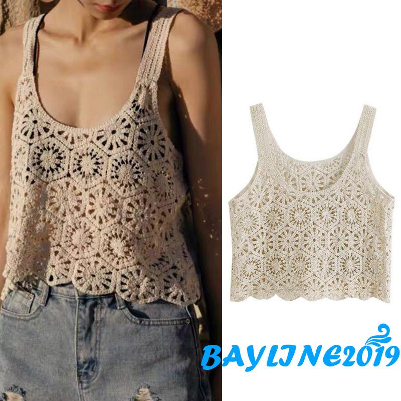 bay-เสื้อกล้ามถักโครเชต์สําหรับสตรีแขนกุดสีพื้นทรงหลวมสไตล์โบฮีเมียน