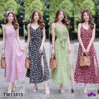 TW13415&gt;Maxi dress สายเดียวลายดอกเดซี่ ดีเทลแต่งสายไขว้ด้านหลัง ผ่าด้านหน้า มีซิปซ่อนด้านข้าง มีโบว์ผูกเอวผมผูกเอวได้