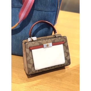 (ผ่อน0%) กระเป๋า งานshop สะพายข้าง MINI LANE TOP HANDLE IN COLORBLOCK SIGNATURE CANVAS (COACH C8318) ลายซี สีน้ำตาล ขาว