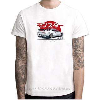 เสื้อยืดผ้าฝ้ายพรีเมี่ยม เสื้อยืดผ้าฝ้าย แขนสั้น พิมพ์ลาย Monster Skyline R32 GTR ยูนิคอร์นตลก สไตล์วินเทจ ฮาราจูกุ สีขา