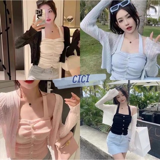 Cici ❣🇹🇭🚚พร้อมส่ง❣(NO.A1015-1)SET 2 ชิ้น สายเดี่ยวคอคล้อง+ เสื้อคลุมซีทรูบางๆ กระดุมหน้า น่ารักเซ็กซี่ เหมาะไปทริปทะเลซัมเมอร์นี