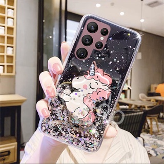 เคส Samsung Galaxy S22 Ultra S22+ Plus A03 Casing Cute Cartoon Unicorn Bling Stars With Stand Holder Back Cover Phone Case เคสโทรศัพท์ ซัมซุงS22 GalaxyS22 S22Ultra