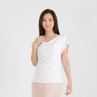 Guy Laroche Jersey Blouse ไม่มีปก เสื้อยืด แขนสั้น ผ้าโพลีเอสเตอร์ (GR3XWH)