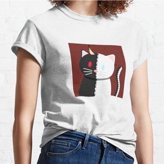 เสื้อยืดผู้ชาย เสื้อยืดสีขาวลายแมวปิศาจเท่ๆ The devil cat เสื้อคอกลมสวยๆ Cat T-shirt S-5XL