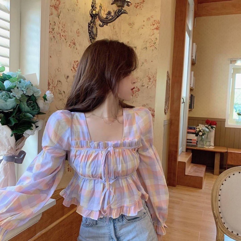 เสื้อแขนยาวลายสก๊อตสีพาสเทล