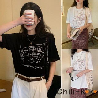 Chili_k❤️k❤️6789 เสื้อยืดแขนสั้น Oversize เสื้อยืดสกรีนลายสวยงาม แนวอาร์ต แนวมินิมอล เสื้อผ้าแฟชั่นวัยรุ่นเกาหลี